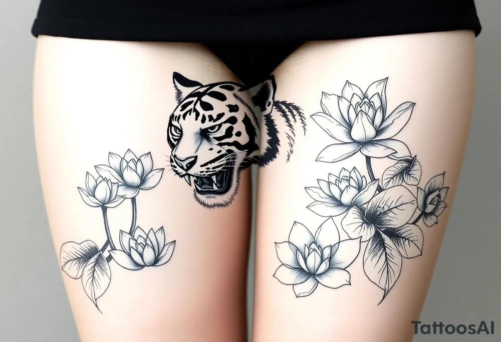 fierce tiger emerging through blooming lotus flowers in mist tattoo idea