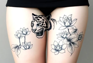 fierce tiger emerging through blooming lotus flowers in mist tattoo idea