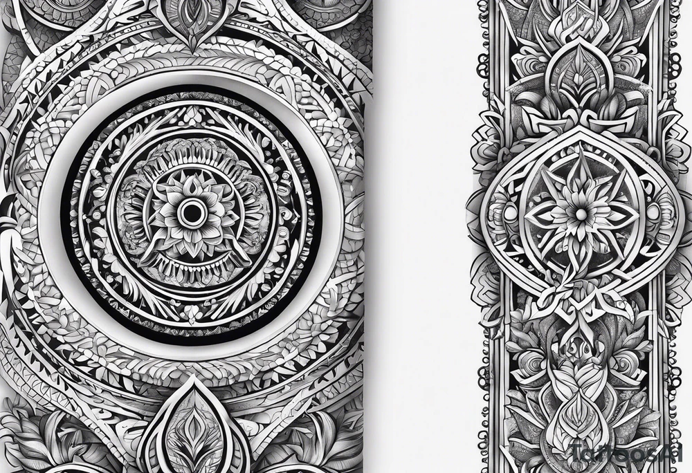 Hindu Sanskrit tribal design on right lower leg, below knee to top of feet for men tattoo idea