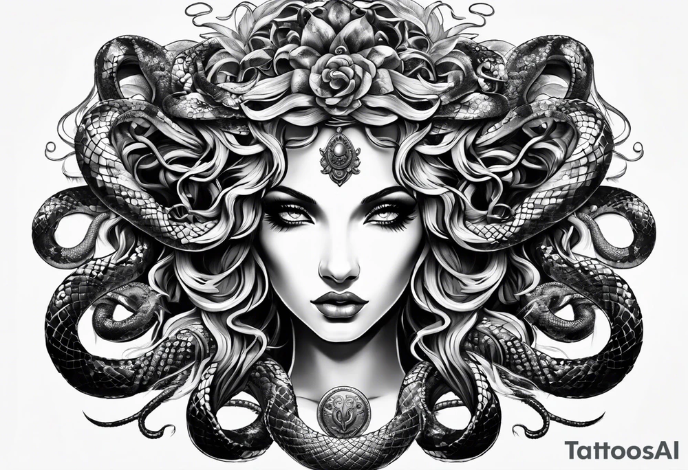 Medusa with stone eyes and snakes for hair tattoo idea
