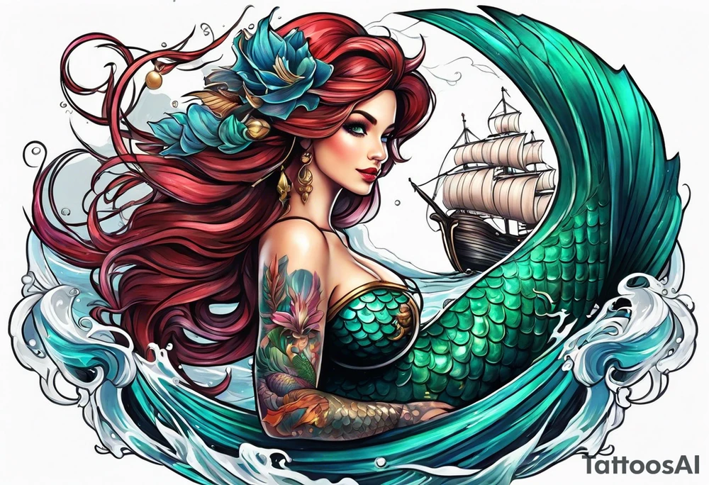 mermaid with galleon ship tattoo idea