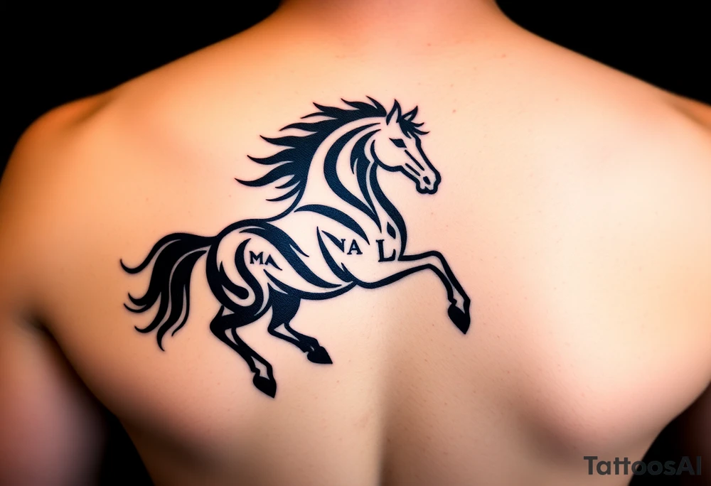 horse silhouette 
from the front which gallops from the front, with the 3 small letters discreetly integrated: L, A, M tattoo idea