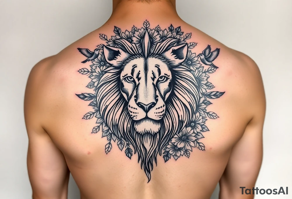 powerful lion surrounded by floral ornaments and birds tattoo idea