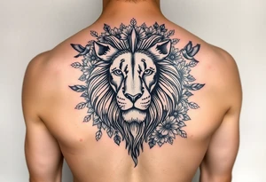 powerful lion surrounded by floral ornaments and birds tattoo idea