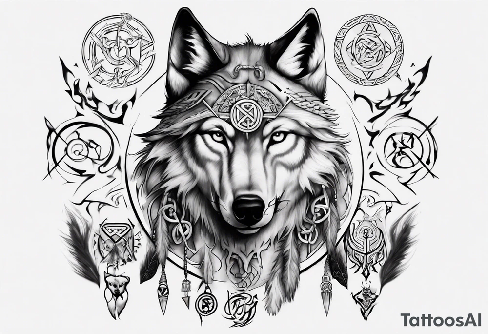 Wolf with Norse symbols, a bit of Māori tattooing and my nanas name joy in it tattoo idea