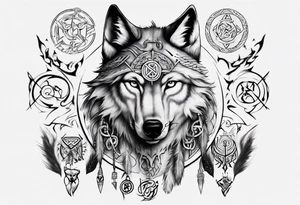 Wolf with Norse symbols, a bit of Māori tattooing and my nanas name joy in it tattoo idea