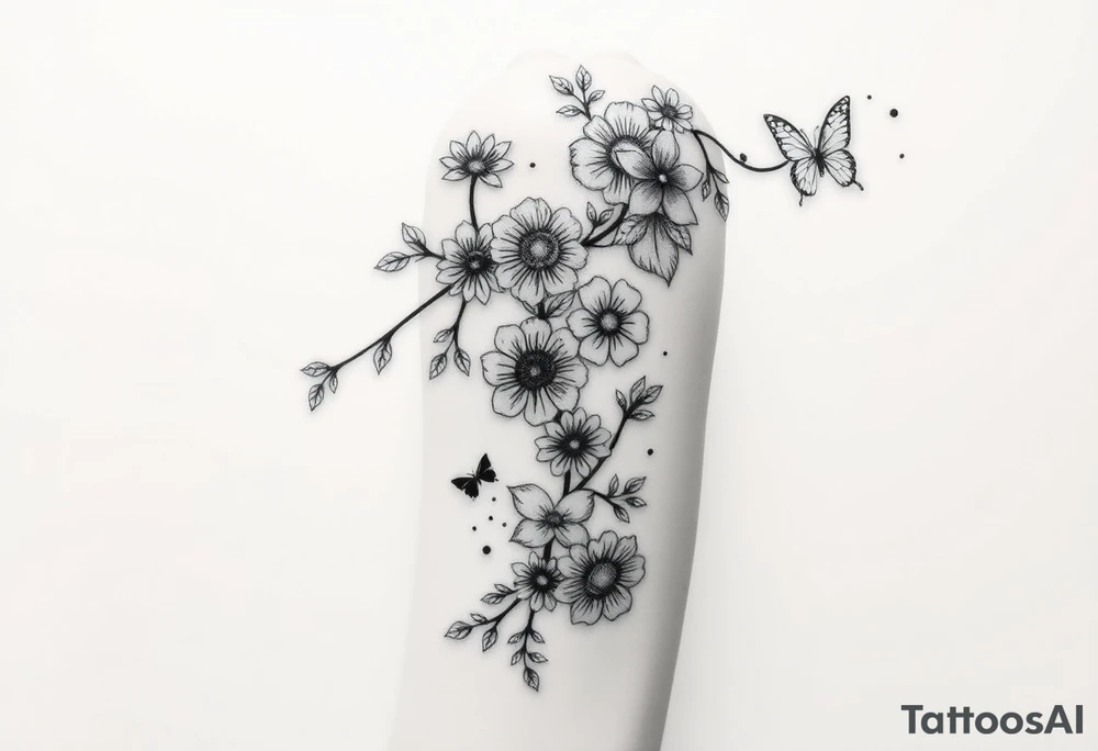 Create a wraparound vine tattoo that starts in the middle of the outer side of the top of the right hand and travels up the forearm. Along the vine, starting on the hand, include a sweet pea flower. Then continue along the vine adding the following in order: heart, violet, holly sprig, Zoey 2011-12-01, daisy, hydrangea, anemone flower, dandelion, lisianthus, flowering cactus, black rose 2022-08-28, white butterfly, lily of the valley, evening primrose and white butterfly , jasmine, forget-me-not and white butterfly, symbol for enduring love, a violet, sweet pea and narcissus and finally a white butterfly. tattoo idea