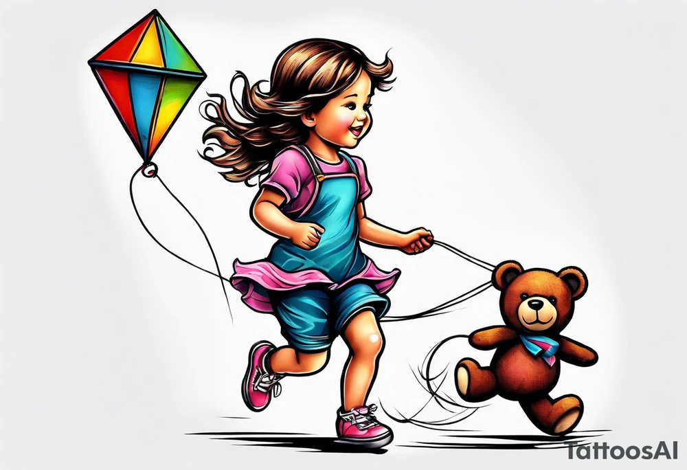 a little girl running away holding a kite with a roller skating teddy bear behind her tattoo idea