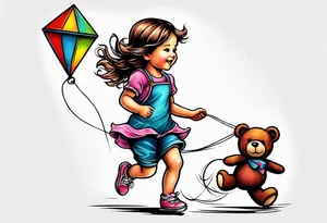 a little girl running away holding a kite with a roller skating teddy bear behind her tattoo idea
