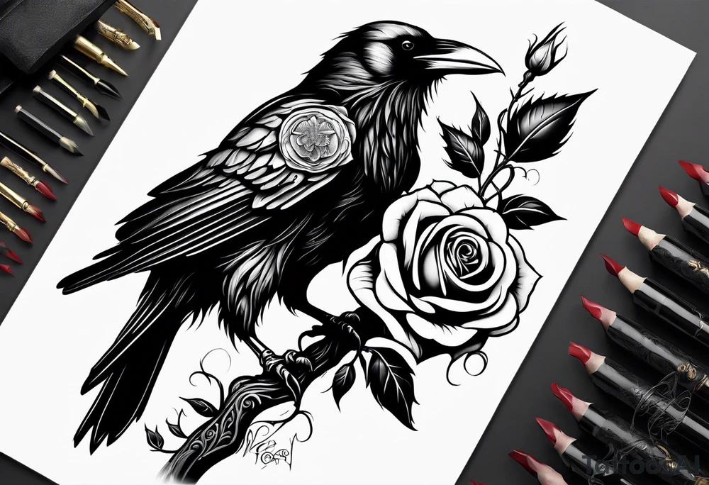 Raven holding  rose   by stem tattoo idea