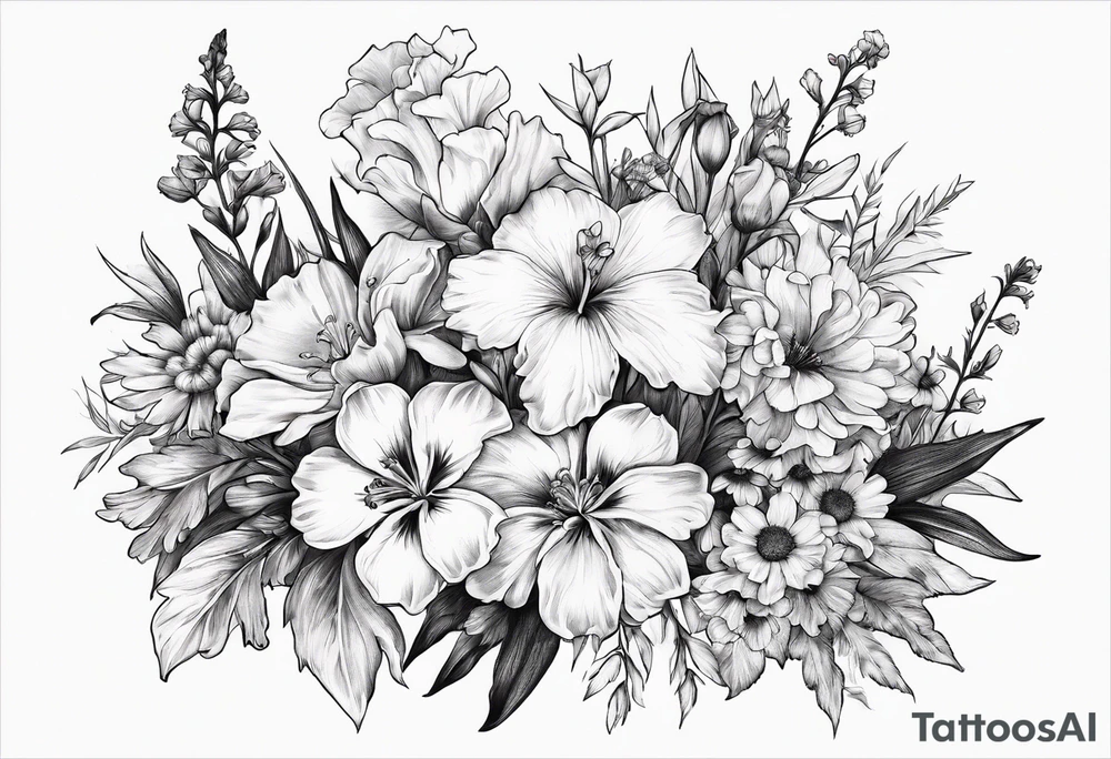 Small sketched bouquet of flowers larkspur carnation daisy iris tattoo idea