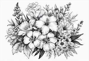 Small sketched bouquet of flowers larkspur carnation daisy iris tattoo idea
