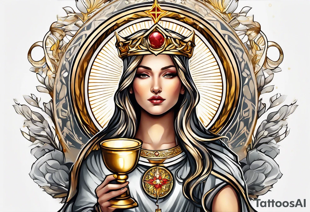 holy saint woman with golden halo holding a chalice tattoo idea