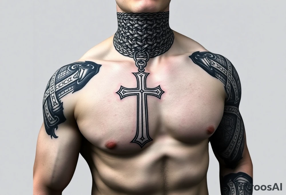Huge shoulder tattoo of Celtic chainmail covering entire arm up to neck with a cross tattoo idea