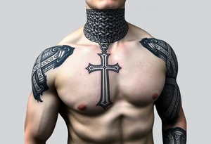 Huge shoulder tattoo of Celtic chainmail covering entire arm up to neck with a cross tattoo idea