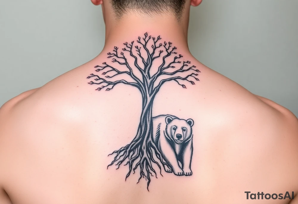 Tree of life with root detail and a realistic mother bear with her cub tattoo idea