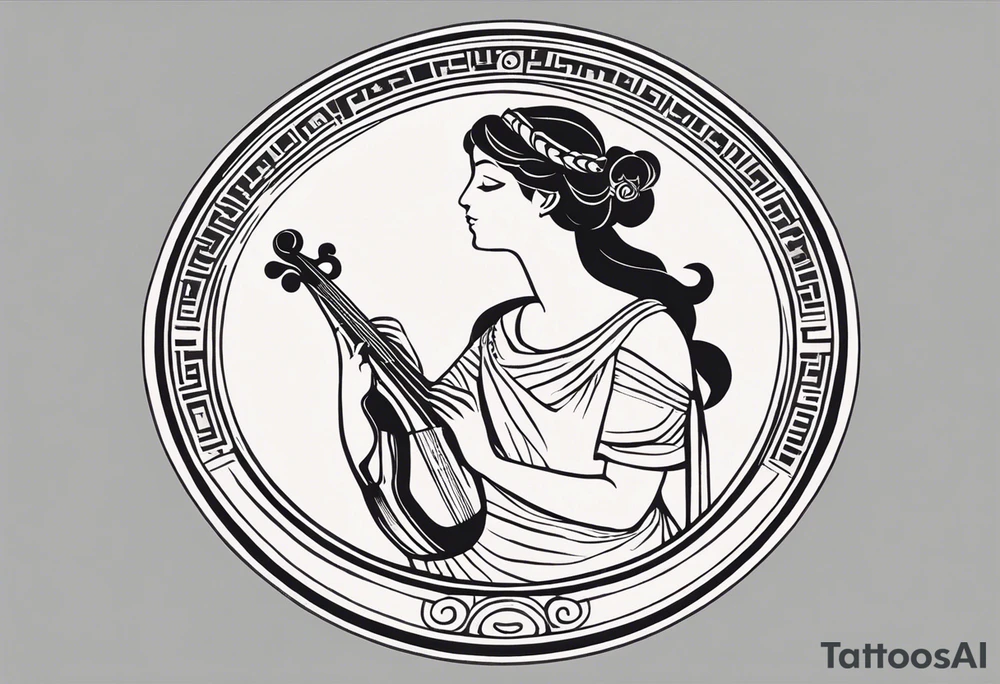 "Craft a minimalist round tattoo inspired by ancient Greek art, featuring Clio, the muse of history and lyre-playing. Design a circular composition with Clio depicted in the center, holding a scroll. Surround her with simple yet symbolic elements such as laurel wreaths, scrolls, or geometric patterns reminiscent of ancient Greek pottery. Ensure the design maintains a minimalist style, with clean lines and limited detail, while capturing the essence of Clio's affinity for knowledge and the arts within the circular frame." tattoo idea