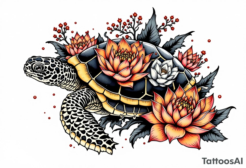 Turtle covered in lotus flowers tattoo idea