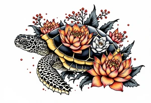 Turtle covered in lotus flowers tattoo idea