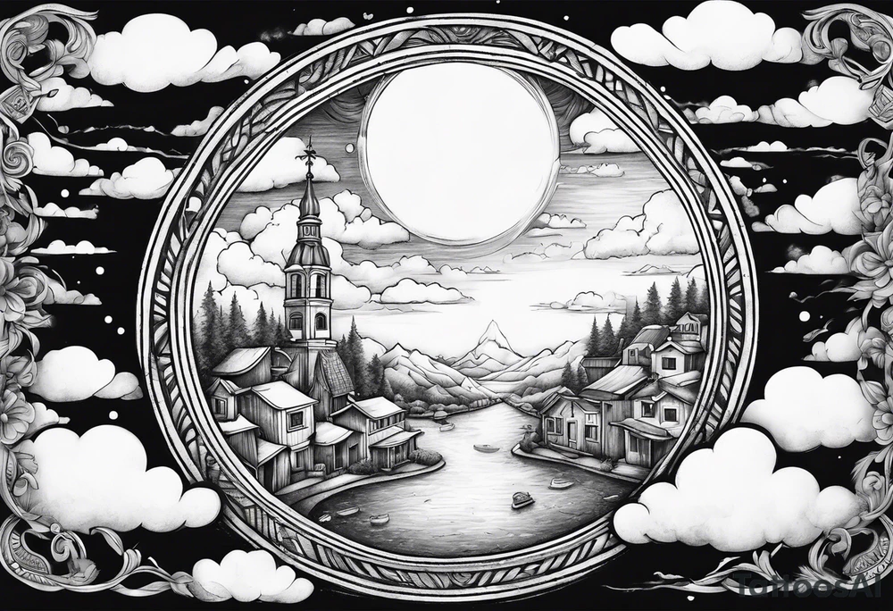heaven town in circle surrounded by clouds tattoo idea