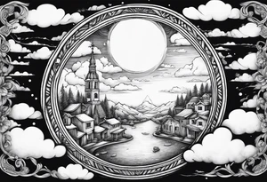 heaven town in circle surrounded by clouds tattoo idea