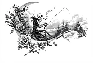 jack skellington fishing, smoking a blunt, sitting on moon , clouds, boats, pine trees, roses tattoo idea