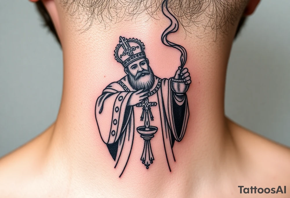 Russian Orthodox Priest in a fully detailed gold vestment swinging a censer with smoke curling upward tattoo idea