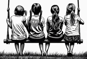 Three girls seen from behind sitting on a swing. One girl is older with long hair, another is middle-aged with shorter hair, and the youngest has two pigtails tattoo idea