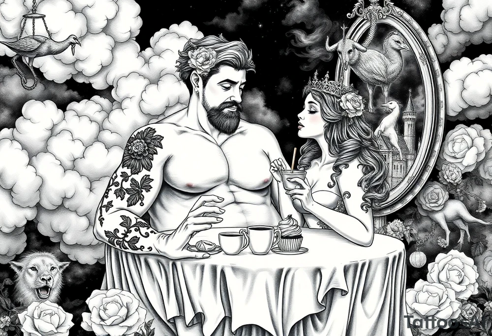 Mystical Naked Man and woman having sex eating cupcakes and liquor fruit  having sex clouds gothic sexy naked fat lady having a tea party with tea pot and castle 
with a pigs, peacock, noose, lion, goat, smoking cigerettes looking in the mirror thru storm clouds with razor blades and broken hearts and darkness and wrath, envy , gluttony, greed, sloth, pride kill tattoo idea