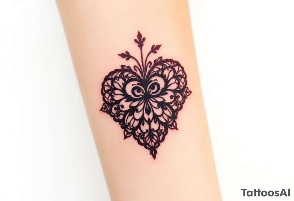 A deep burgundy lace heart, softly fading into a watercolor effect, symbolizing love and passion tattoo idea
