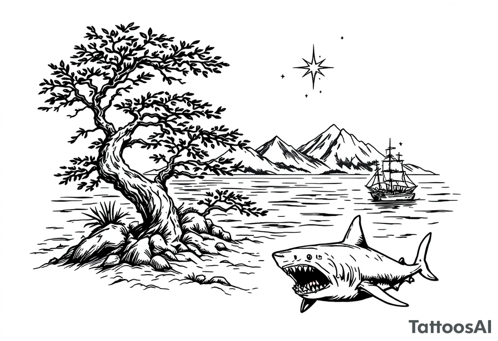 tattoo that has an acacia tree with mountains, ocean with a ship wreck with sharks and the northern star tattoo idea