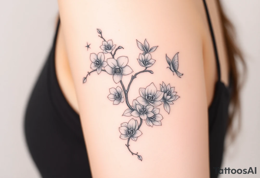 Orchid or cherry blossom tree and lotus and snake and angels on a woman tattoo idea