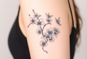 Orchid or cherry blossom tree and lotus and snake and angels on a woman tattoo idea