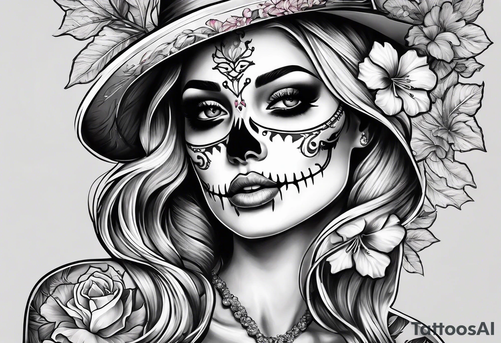 femmale skeleton with hibiscus tattoo idea