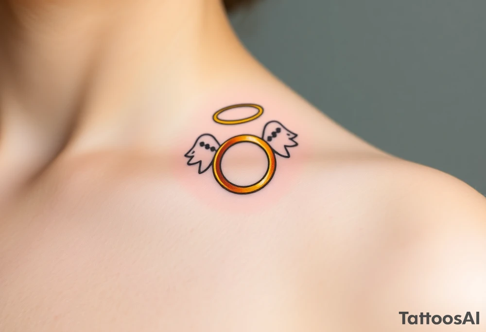A golden wedding ring floating within an angelic halo, glowing softly. tattoo idea