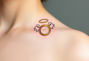 A golden wedding ring floating within an angelic halo, glowing softly. tattoo idea