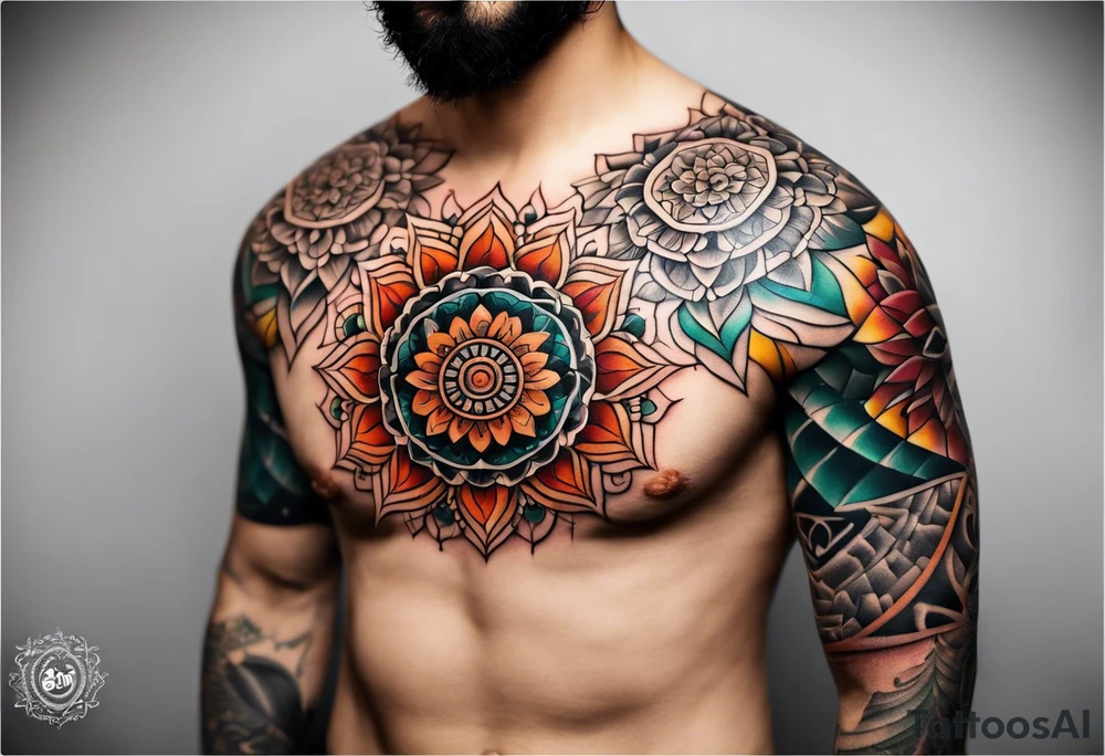 simple male mandala elbow tattoo in fall colors tattoo idea