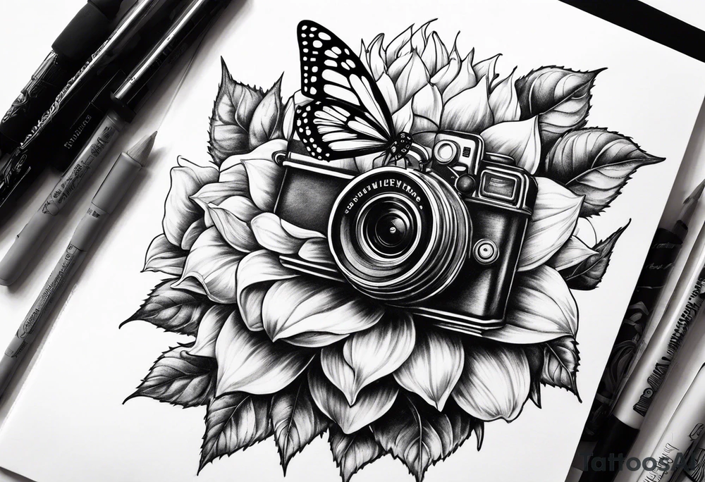 Butterfly, sunflower, camera, book, flower rose tattoo idea Butterfly, sunflower, camera, book, flower rose tattoo idea