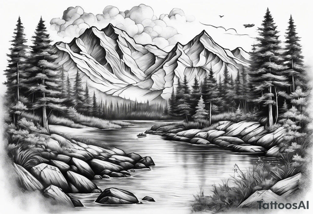 Sleeve with mountains, rivers, and fishing tattoo idea