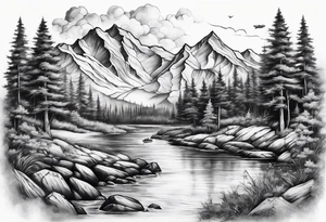 Sleeve with mountains, rivers, and fishing tattoo idea