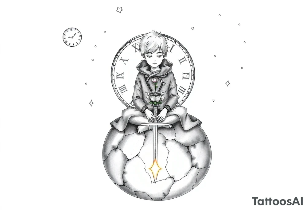 A reimagined masculine version of The Little Prince sitting on a cracked, floating planet. He has a calm, contemplative expression, wearing a slightly worn cloak with geometric markings. Behind him floats a broken clock with exposed gears, representing anxiety and overthinking. Instead of a rose, a flower wraps around a sword stuck into the ground—symbolizing love and emotional struggle. A glowing star burns in his chest, symbolizing inner strength and controlled passion. Around him are small floating fragments, like puzzle pieces or mechanical parts—representing deep thought and attention to detail. The sky shows incomplete constellations, symbolizing the search for connection and meaning. Style: fine line with surrealist touches, black and grey, minimalist shading. tattoo idea