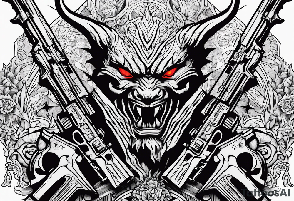 Satan and two AK-47's tattoo idea