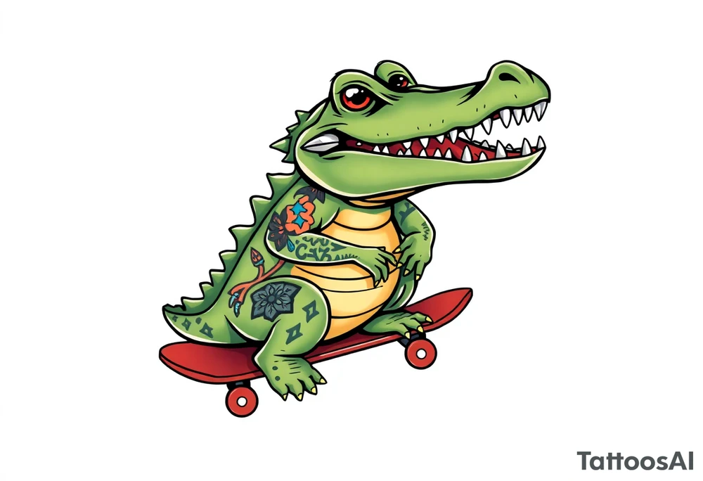 crocodile riding a skateboard with piercings and tattoos tattoo idea