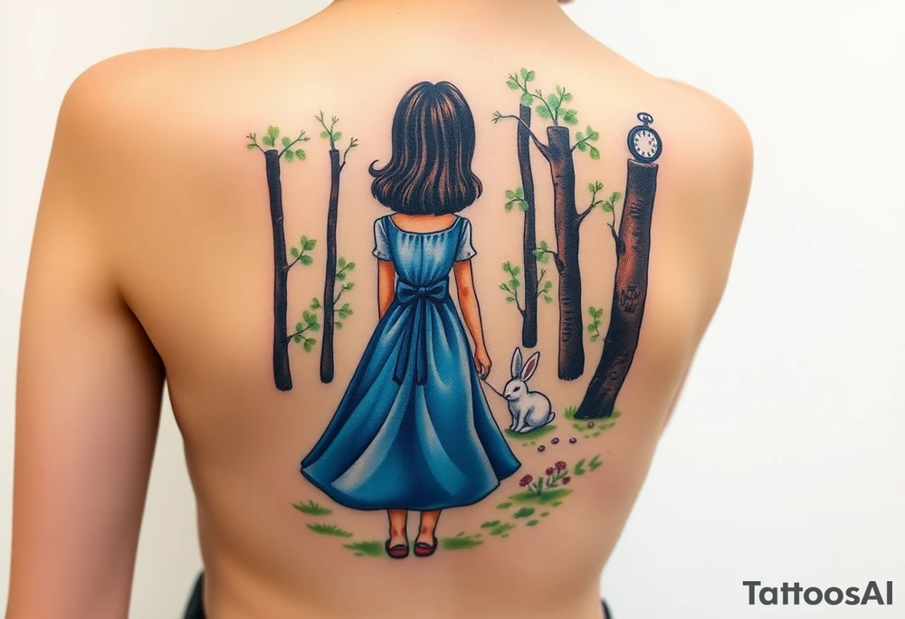 Back view of a girl in a blue dress walking in a forest following a small white rabbit. A pocket watch on top of the scene, falling amongst the trees tattoo idea