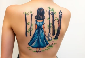 Back view of a girl in a blue dress walking in a forest following a small white rabbit. A pocket watch on top of the scene, falling amongst the trees tattoo idea