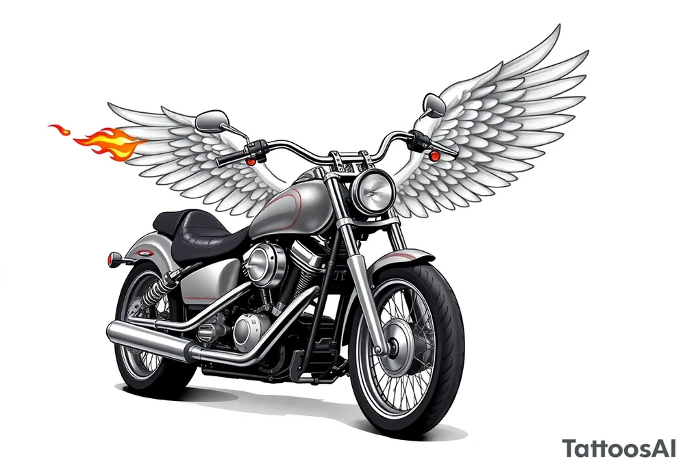 Low rider grey motorcycle, big muffler pipes with flames, angel wings, driving away, no person tattoo idea