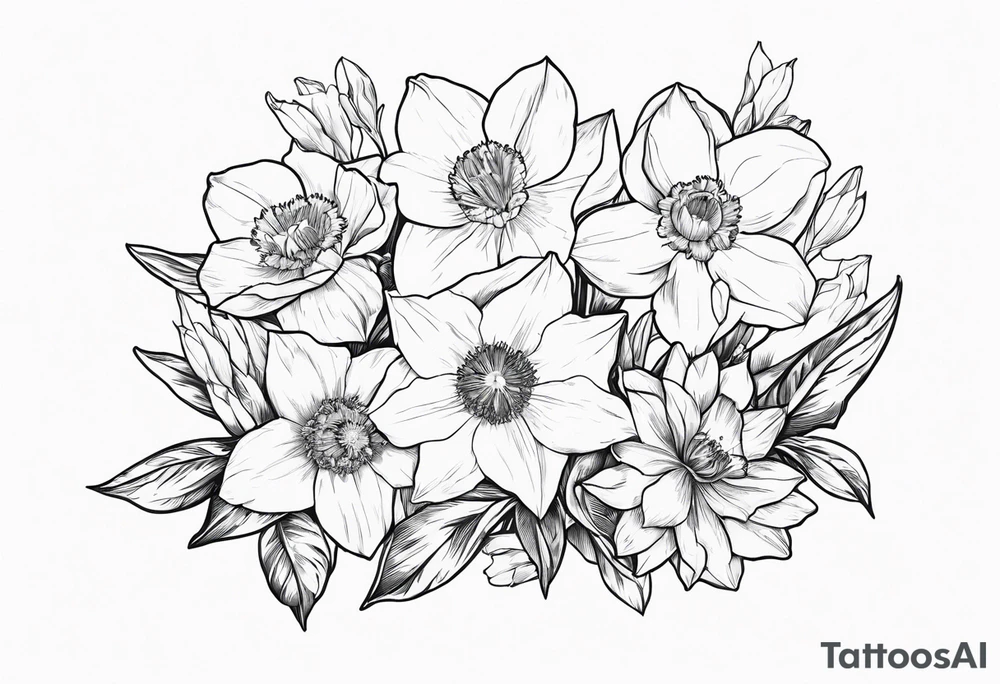 Bouquet including Held together with a bow:
DAFFODIL
JONQUIL
ASTER
MORNING GLORY tattoo idea