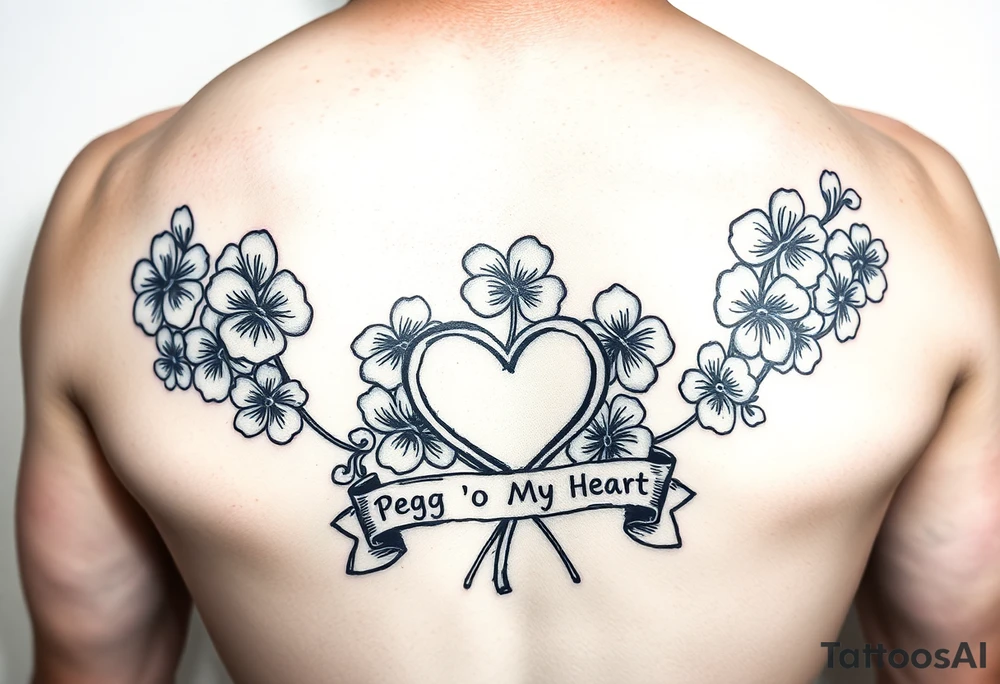 Bunch of Shamrock with a heart and a banner that says " Peg 'o My Heart " tattoo idea