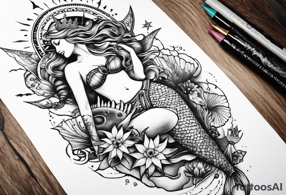 Lower leg tattoo. Mermaid with trident and crown, sea turtle, compass, shells, flowers, cresent moon tattoo idea