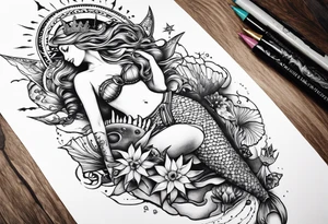 Lower leg tattoo. Mermaid with trident and crown, sea turtle, compass, shells, flowers, cresent moon tattoo idea